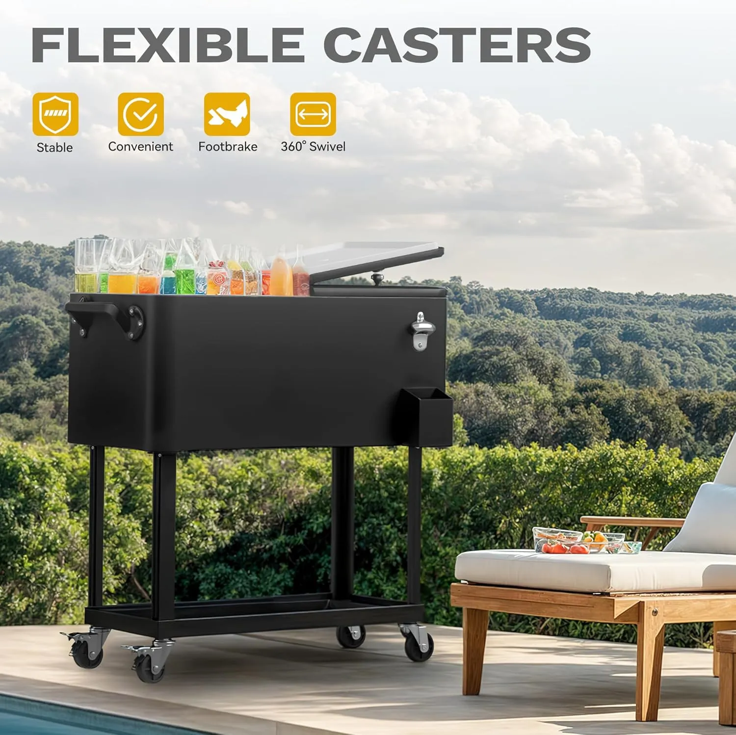 DWVO Ice Chest with Wheels,80 Quart Rolling Cooler with Bottle Opener Drainage, Patio Cooler Cart, Rolling Ice Chest with Handle for Patio Pool Deck Party BBQ Cookouts