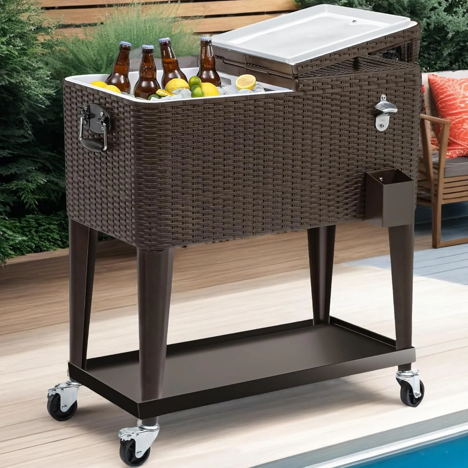 DWVO Ice Chest with Wheels,80 Quart Rolling Cooler with Bottle Opener Drainage, Patio Cooler Cart, Rolling Ice Chest with Handle for Patio Pool Deck Party BBQ Cookouts
