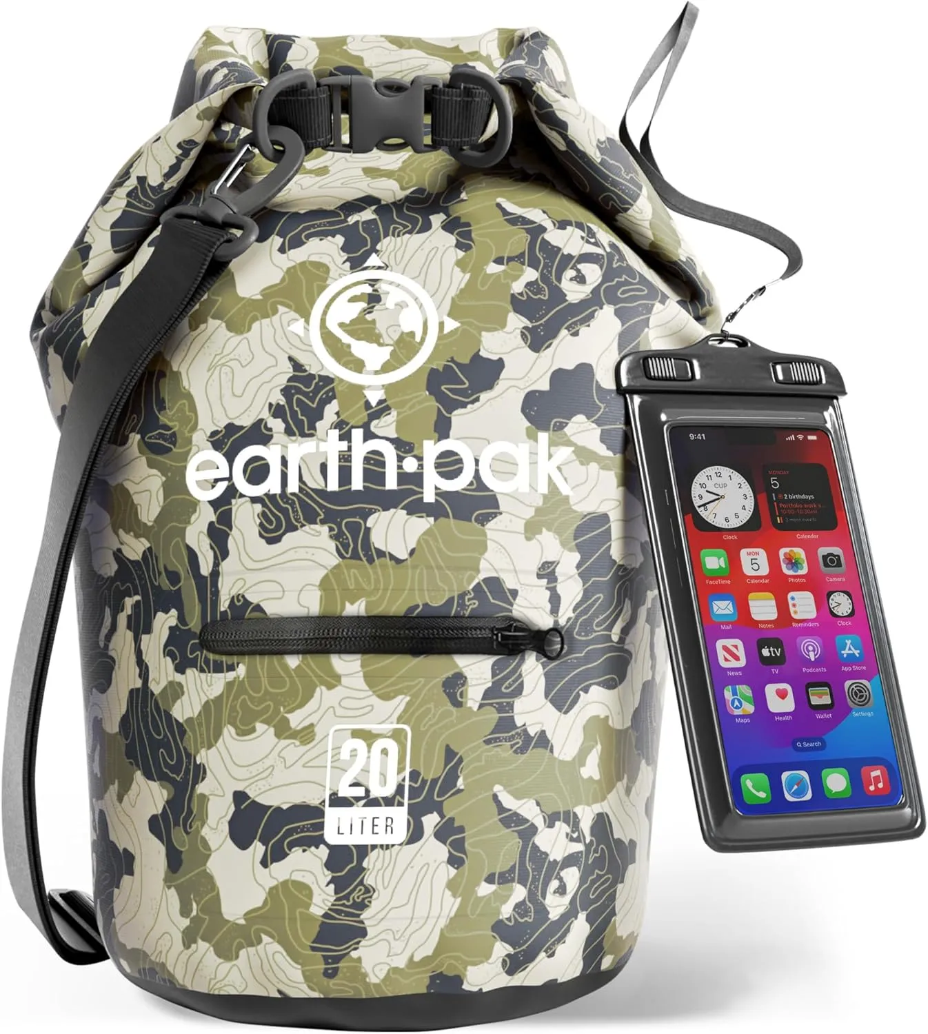 Earth Pak Waterproof Dry Bag with Zippered Pocket - Waterproof Dry Bag Backpack Keeps Gear Dry (20L Camo & 20L Green)
