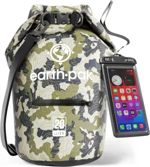 Earth Pak Waterproof Dry Bag with Zippered Pocket - Waterproof Dry Bag Backpack Keeps Gear Dry (20L Camo & 20L Green)