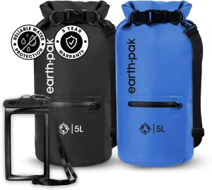 Earth Pak Waterproof Dry Bag with Zippered Pocket - Waterproof Dry Bag Backpack Keeps Gear Dry (5L Black & 5L Blue)