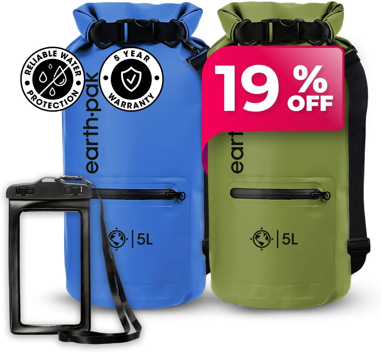 Earth Pak Waterproof Dry Bag with Zippered Pocket - Waterproof Dry Bag Backpack Keeps Gear Dry (5L Blue & 5L Green)