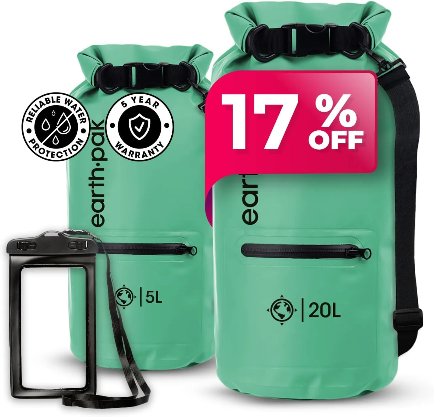 Earth Pak Waterproof Dry Bag with Zippered Pocket - Waterproof Dry Bag Backpack Keeps Gear Dry (5L Seafoam & 20L Seafoam)