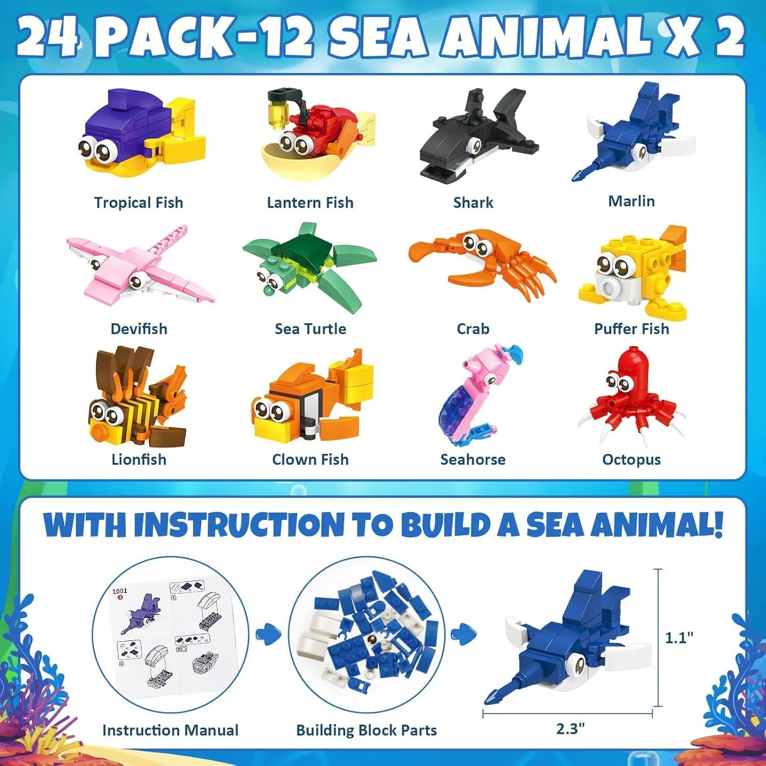 Easter Basket Stuffers Easter Gifts for Kids, 24 Pcs Sea Animal Building Block Toy with Card Easter Basket Stuffer for Teen Boy Girl, Prefilled Easter Egg Fillers Kids Party Favor Goodies Bags