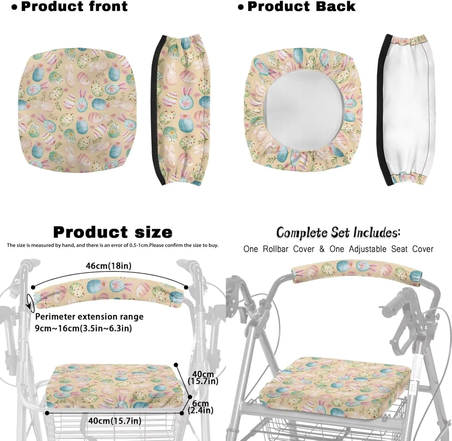 Easter Eggs 3Pcs Rollator Walker Basket and Seat Backrest Rollbar Covers Sets Rollbar Accessories Set for Seniors Drive Rollator Decor Covers and Under Seat Bag
