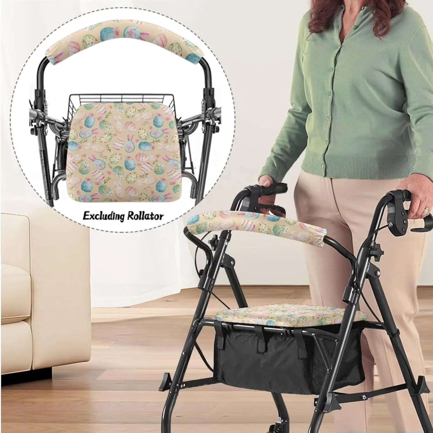 Easter Eggs 3Pcs Rollator Walker Basket and Seat Backrest Rollbar Covers Sets Rollbar Accessories Set for Seniors Drive Rollator Decor Covers and Under Seat Bag