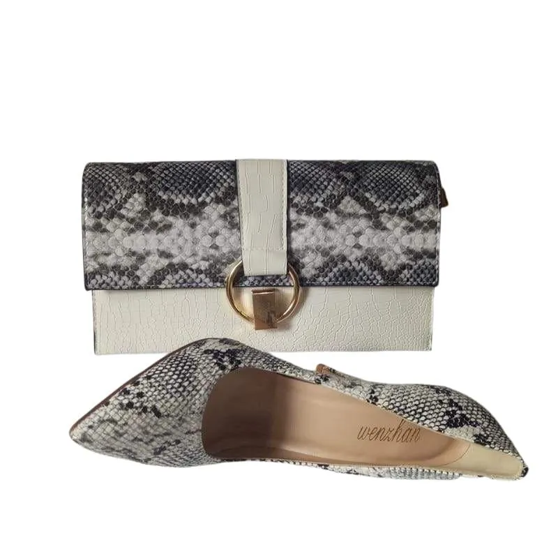 Elegant Snake Printed Leather Pumps With Matching Clutch Bags Sets