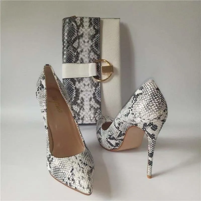 Elegant Snake Printed Leather Pumps With Matching Clutch Bags Sets