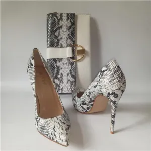 Elegant Snake Printed Leather Pumps With Matching Clutch Bags Sets