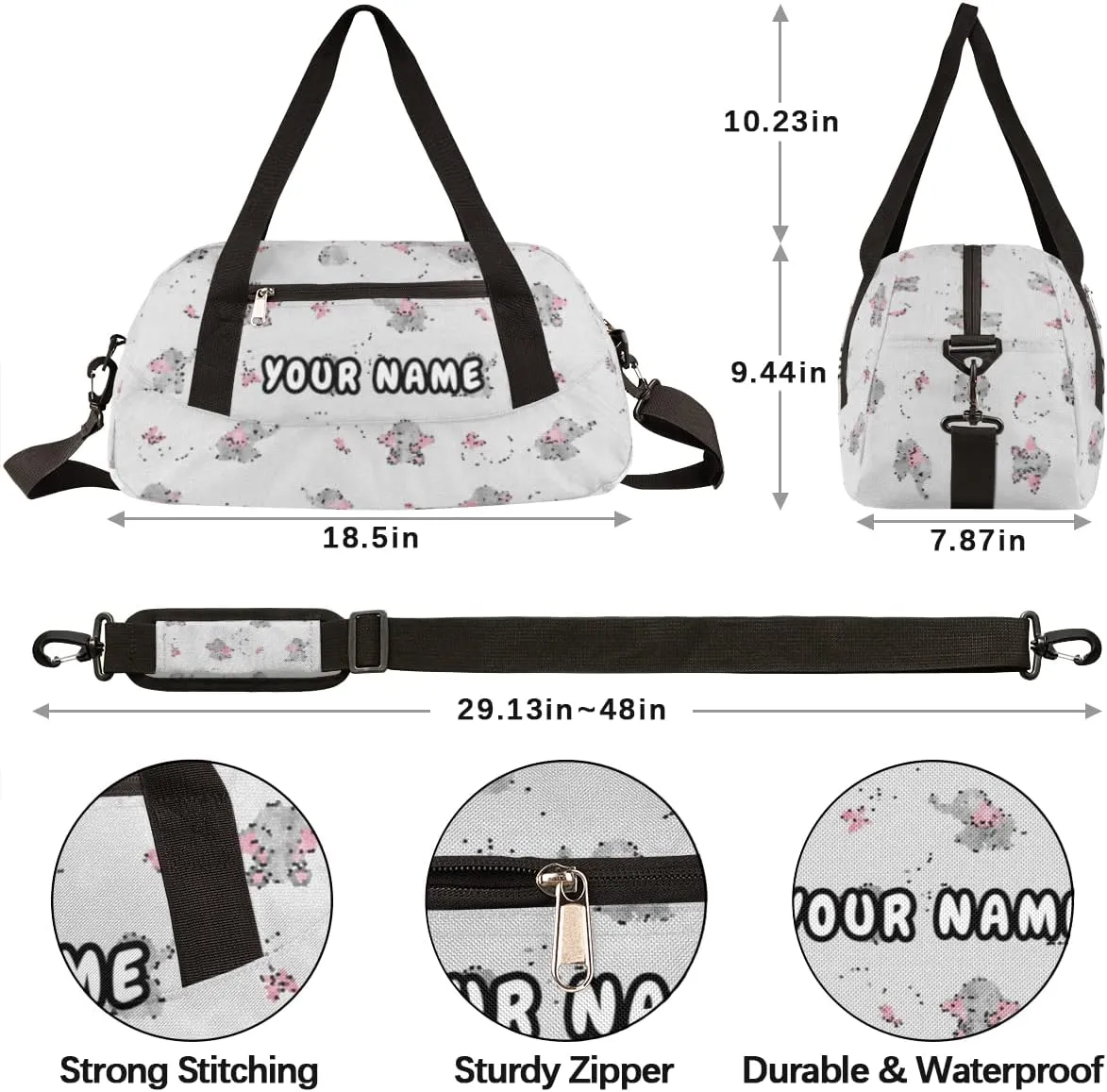 Elephant Butterfly Personalized Kids Duffel Bag for Girls Boys, Elephant Debris Custom Dance Bag Overnight Small Duffel Bag Carry On Weekend Sports Travel Bag for School Practice Gymnastics Ballet