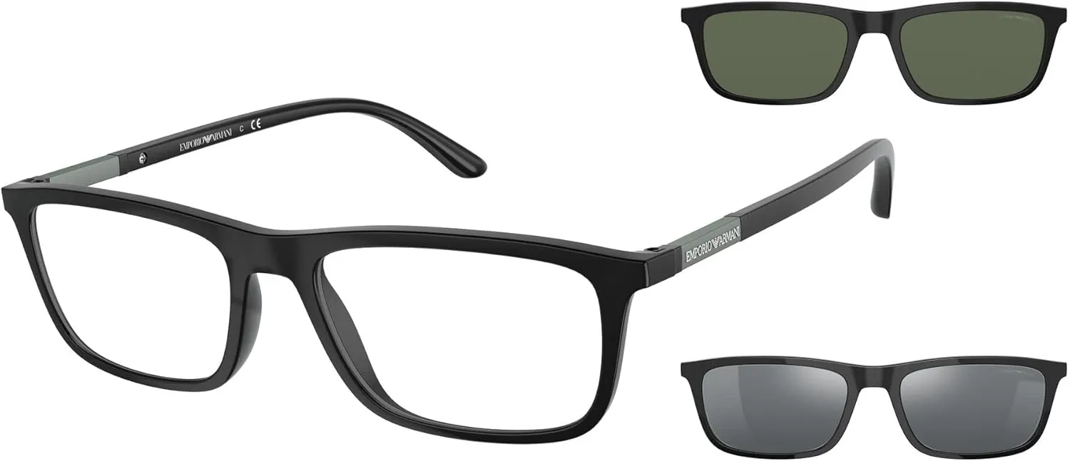 Emporio Armani Men's Ea4160 Prescription Eyewear Frames with Two Interchangeable Sun Clip-ons Rectangular