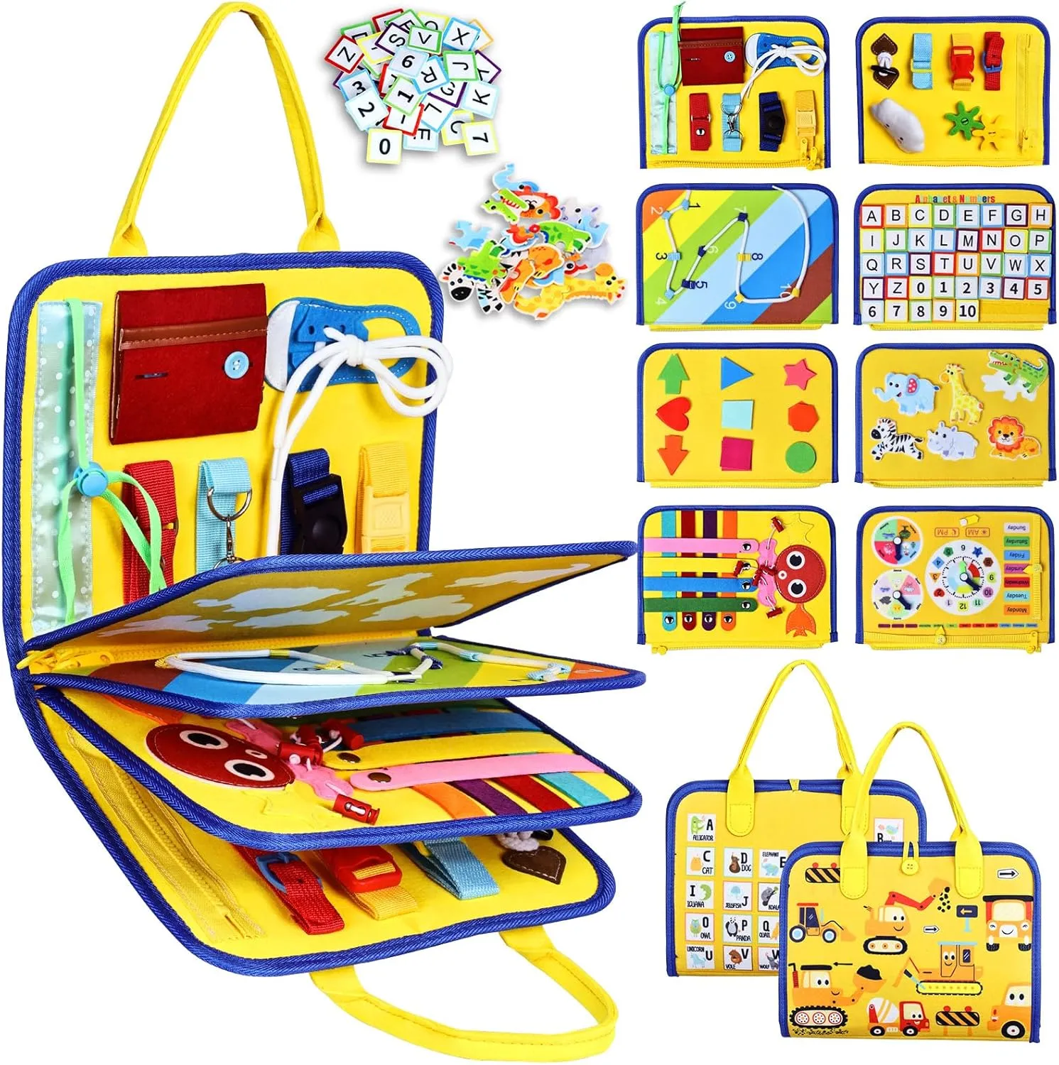 Esjay Toddler Busy Board Montessori Toys, Sensory Board Educational Activities for Learning Fine Motor Skills, Gifts for Girls Boys Toddlers, Travel Toys for Airplane Car,Yellow Truck