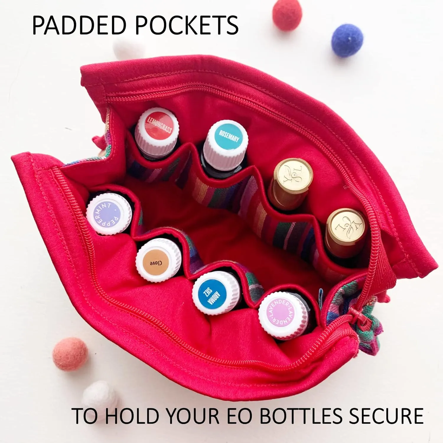 Essential Oil Case for Purse - Red Blend - Large Size HOLDS 8-12 Bottles (5ml-15ml, also fits Roller Bottles) - Chic and Compact EO Bags in Multiple Sizes - Perfect size Essential Oil Travel Bag