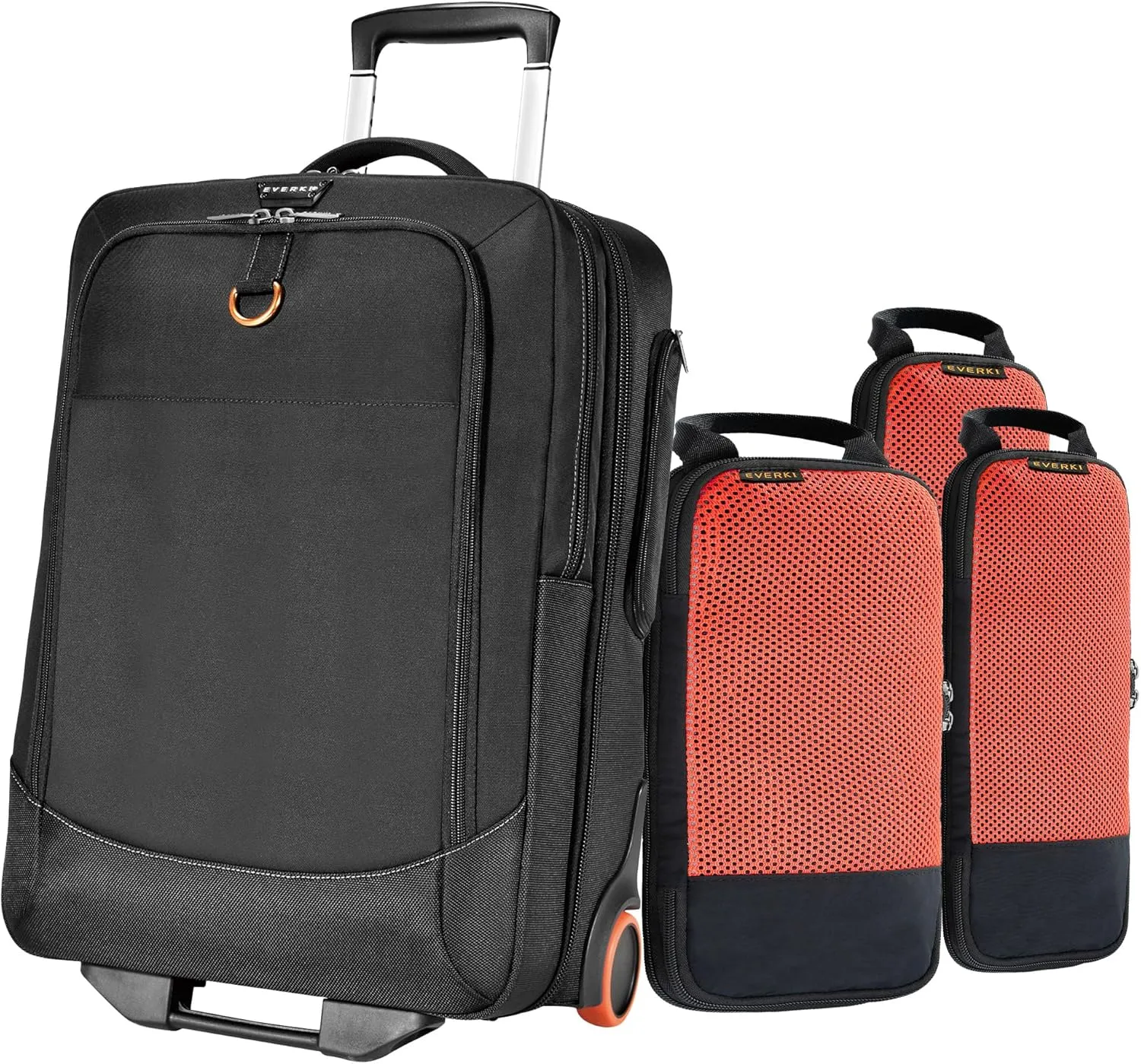 Everki Travel Essentials Bundle: 35L Wheeled Carry-On Laptop Bag & 18.2L Compressible Packing Cubes (3-Pack) – Durable, TSA-Ready Design for Work and Travel – Orange   Black