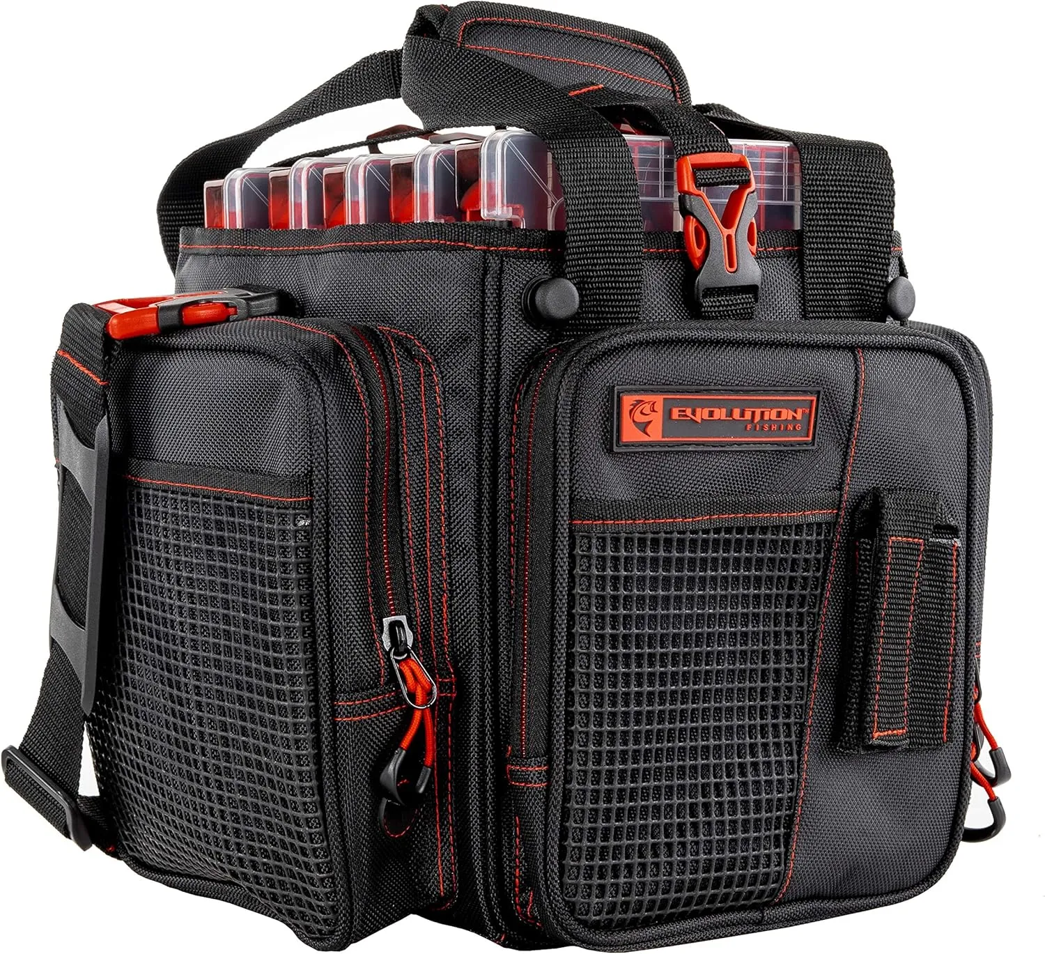 Evolution Outdoor Drift Series Topless Vertical Tackle Bag – Outdoor Rucksack w/ 5 Fishing Tackle Trays, Padded Handle and Shoulder Strap, Plier Holster, Tackle Carrying Case