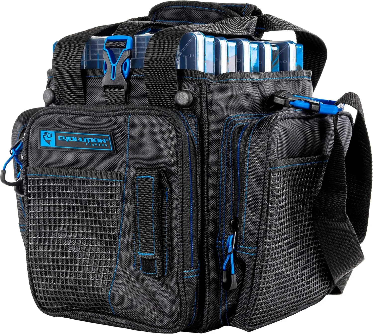 Evolution Outdoor Drift Series Topless Vertical Tackle Bag – Outdoor Rucksack w/ 5 Fishing Tackle Trays, Padded Handle and Shoulder Strap, Plier Holster, Tackle Carrying Case