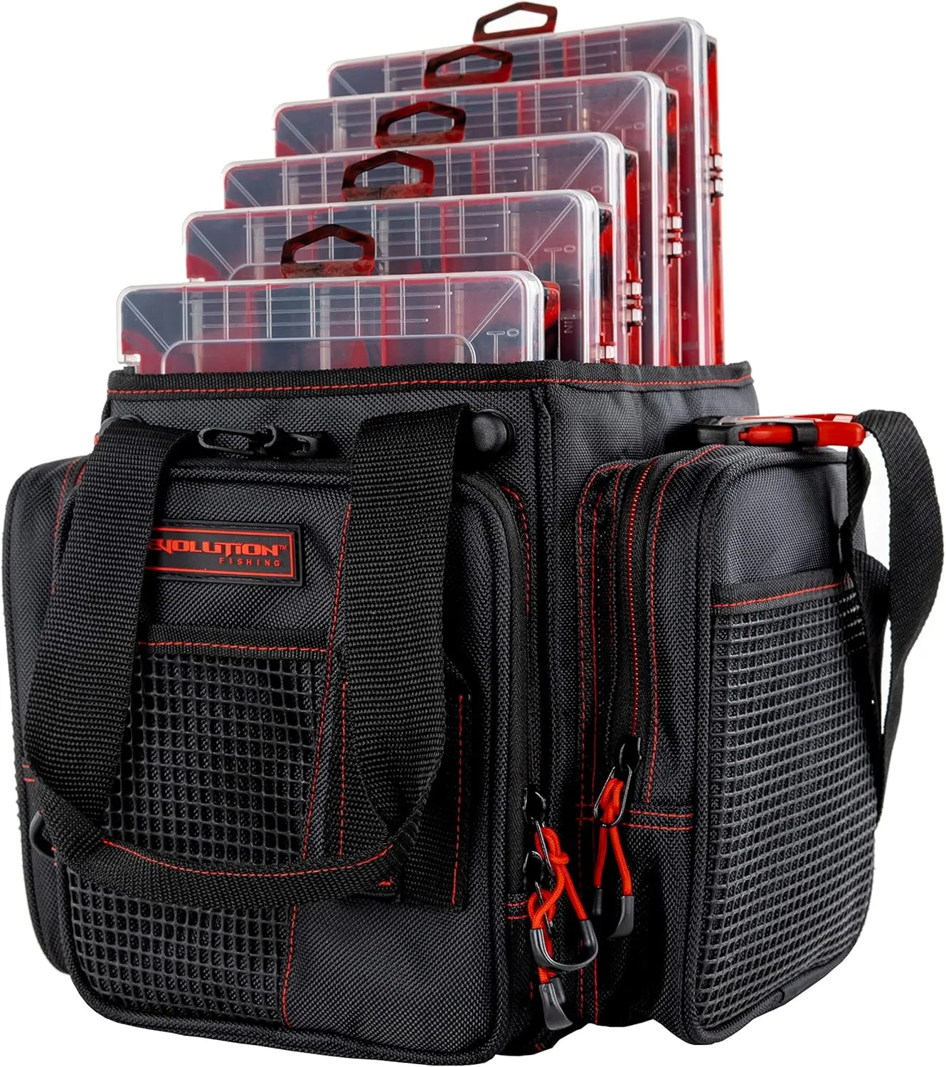 Evolution Outdoor Drift Series Topless Vertical Tackle Bag – Outdoor Rucksack w/ 5 Fishing Tackle Trays, Padded Handle and Shoulder Strap, Plier Holster, Tackle Carrying Case