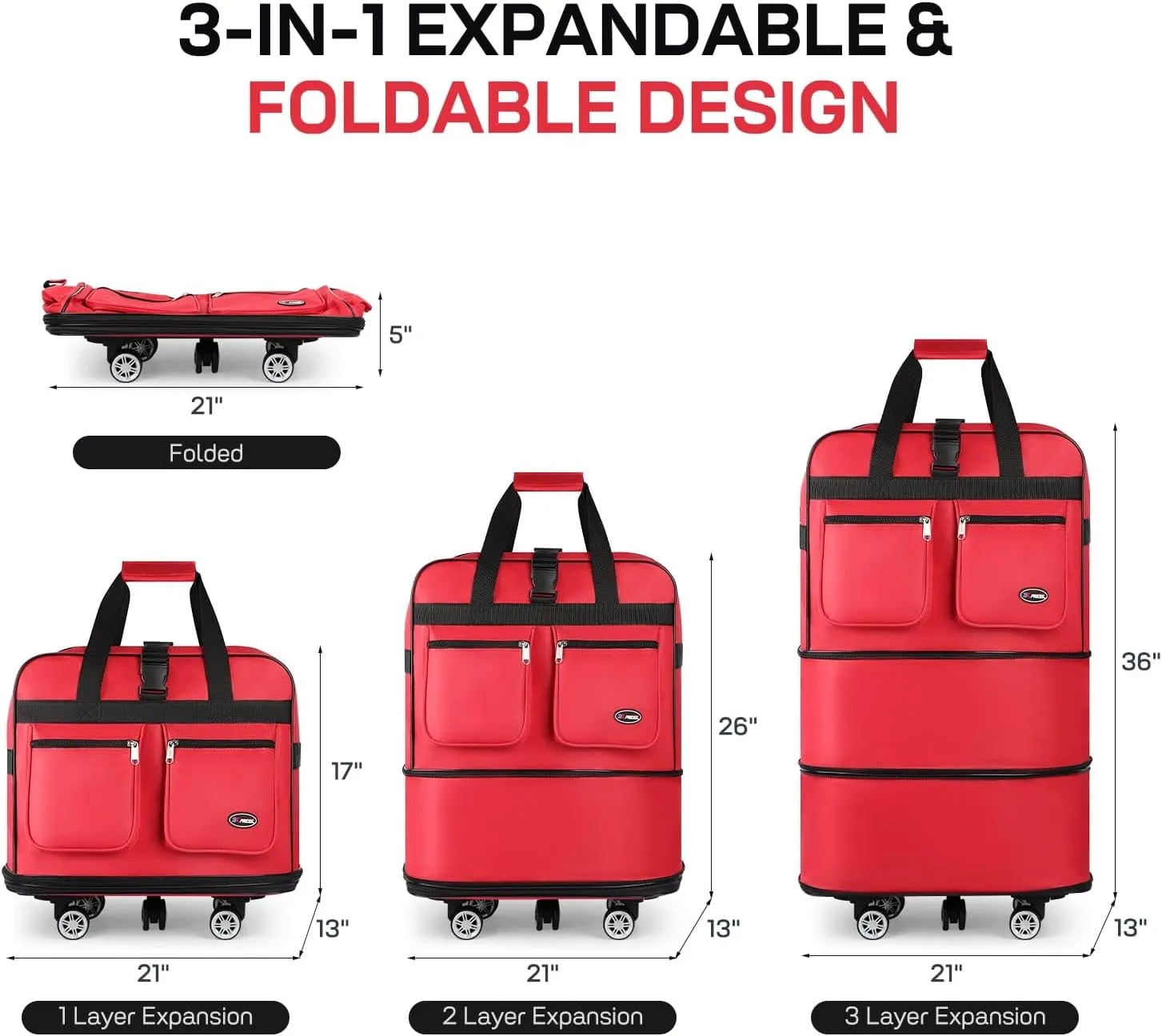 Expandable Rolling Travel Duffle Bag with Foldable Design for Moving Storage Camping Collapsible Wheeled Luggage Organizer(36in-red)