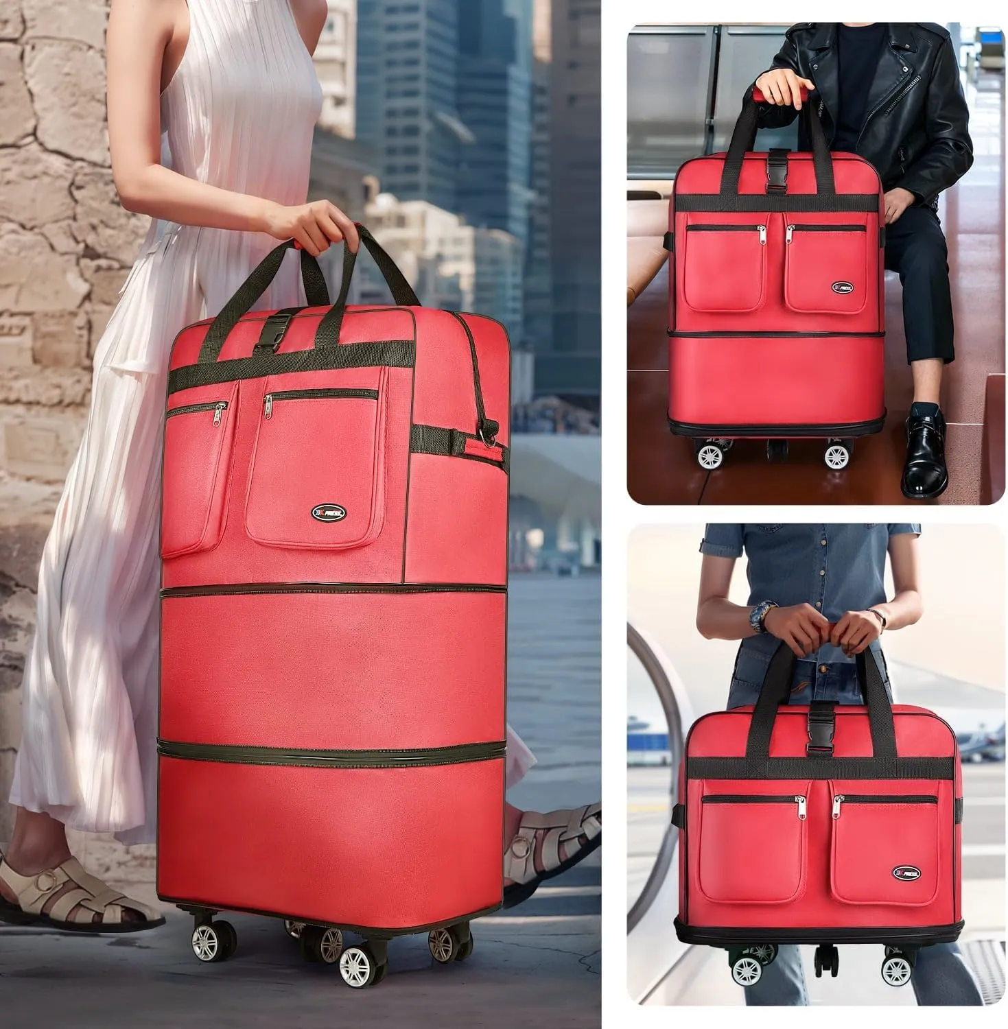 Expandable Rolling Travel Duffle Bag with Foldable Design for Moving Storage Camping Collapsible Wheeled Luggage Organizer(36in-red)
