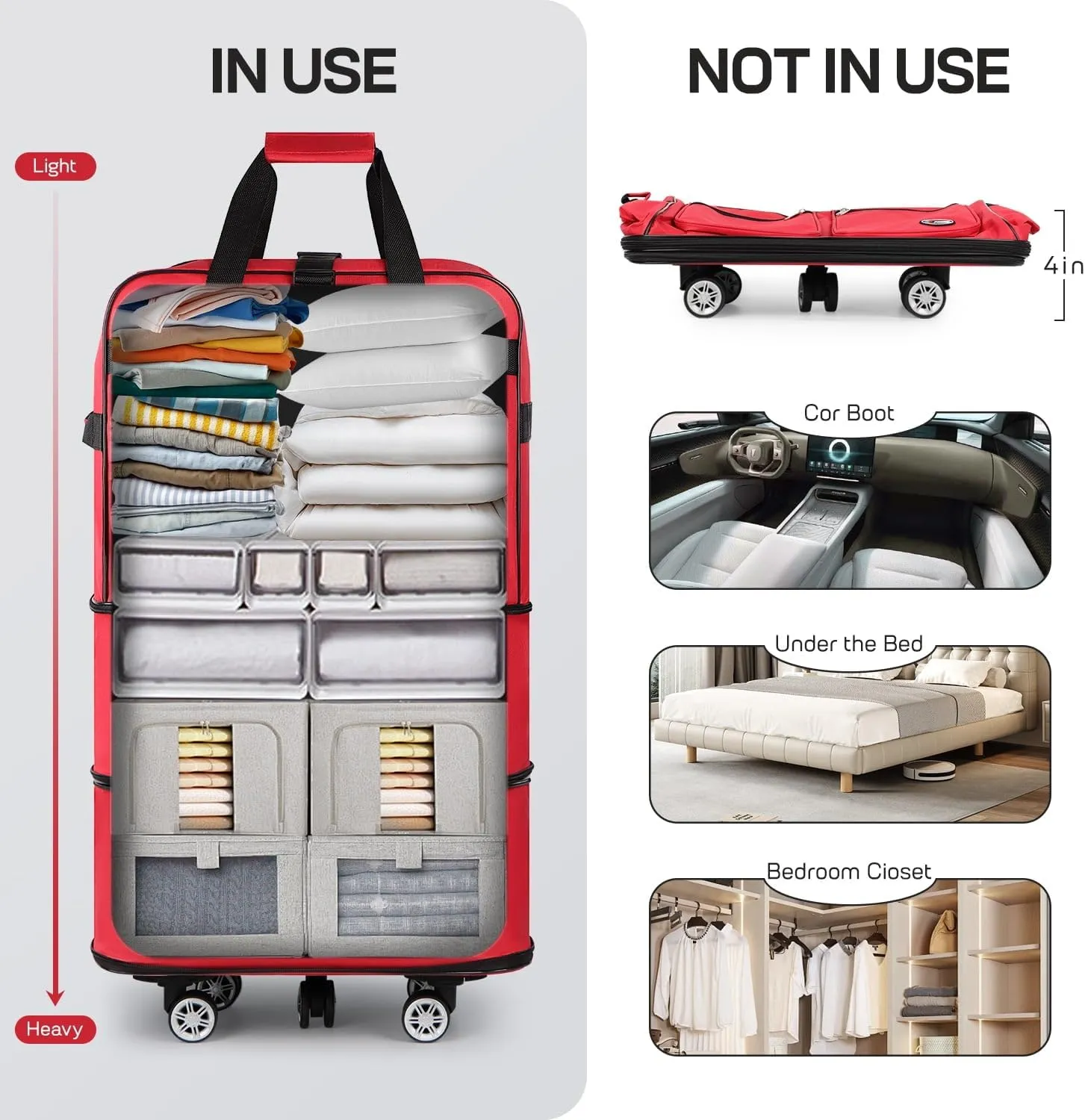 Expandable Rolling Travel Duffle Bag with Foldable Design for Moving Storage Camping Collapsible Wheeled Luggage Organizer(36in-red)