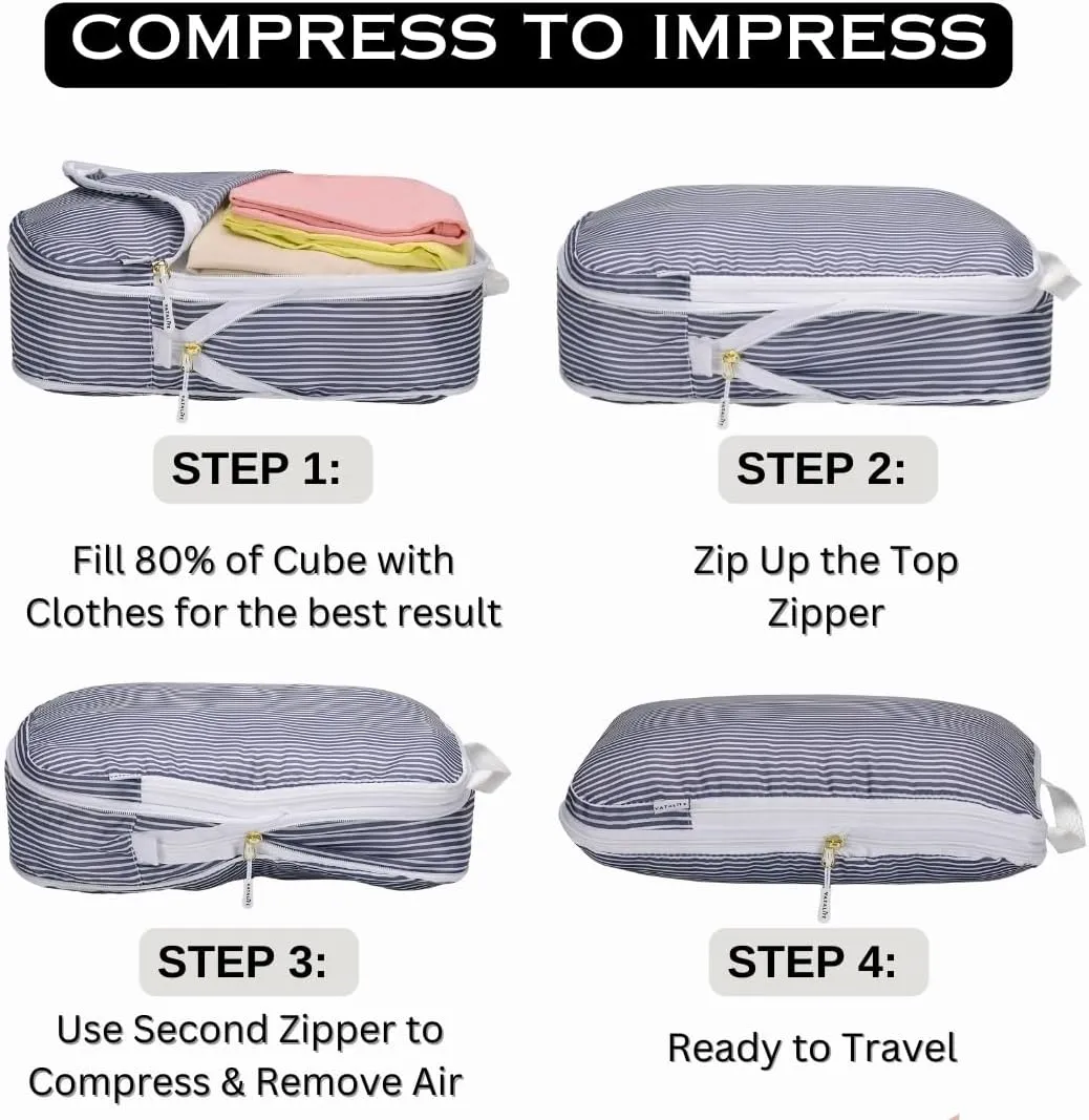 Extra Large Compression Packing Cubes for Checked Luggage, Lightweight Suitcase Organizers & Space Saver Bags - Travel Cubes for Packing - Travel Essentials - 2 Piece Set, X-Large - Grey Stripe
