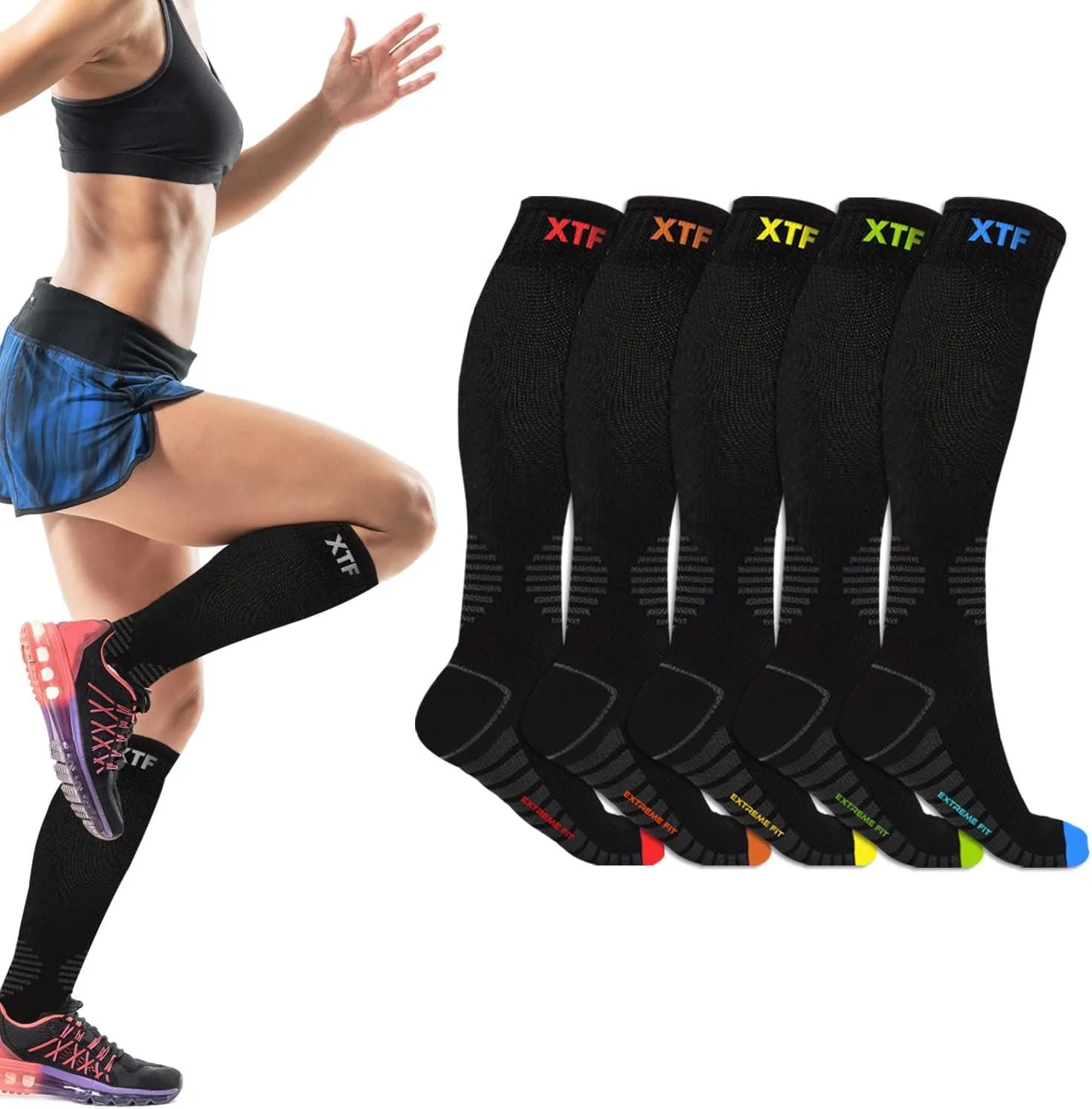 Extreme Fit Compression Socks Knee High - Made for Running, Athletics and Pregnancy - 6 Pair