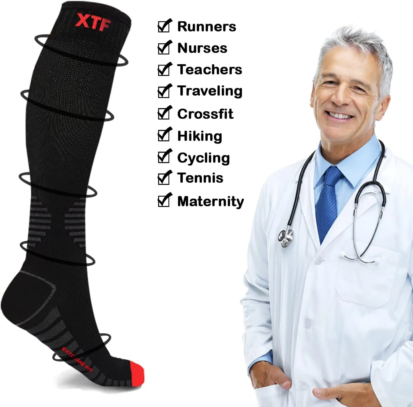 Extreme Fit Compression Socks Knee High - Made for Running, Athletics and Pregnancy - 6 Pair