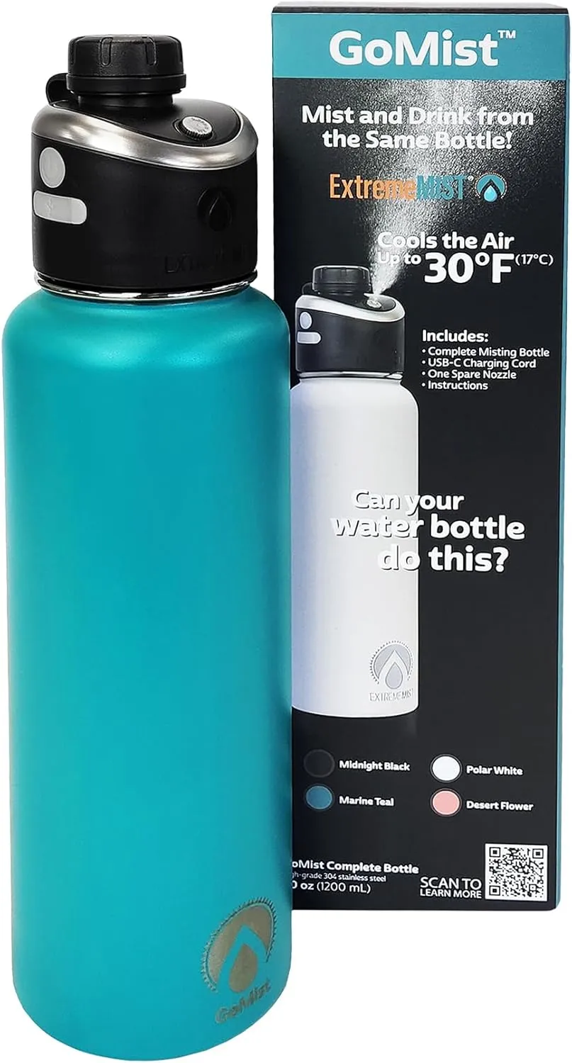 EXTREMEMIST GoMist Misting & Drinking Bottle | Rechargeable Mist & Sip Water Bottle | Quick Charge USB-C Port | 2-Speed Mist Function | Stainless-Steel Double Wall Insulation, 40 oz (Marine Teal)