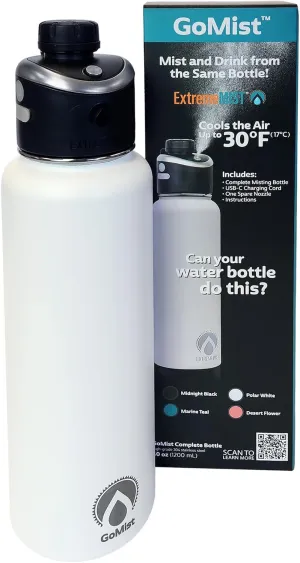 EXTREMEMIST GoMist Misting & Drinking Bottle | Rechargeable Mist & Sip Water Bottle | Quick Charge USB-C Port | 2-Speed Mist Function | Stainless-Steel Double Wall Insulation, 40 oz (Polar White)