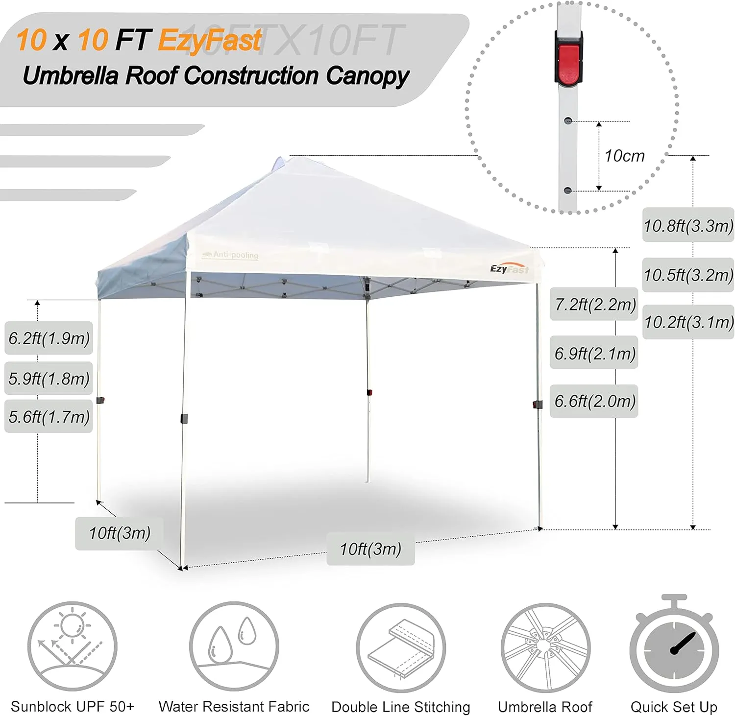 EzyFast Pro Commercial Pop Up Canopy Tent, Patented Umberlla Structure Instant Shelter, One Push Up Heavy Duty Portable Shade with Wheeled Carry Bag (10'x10', Commercial White)