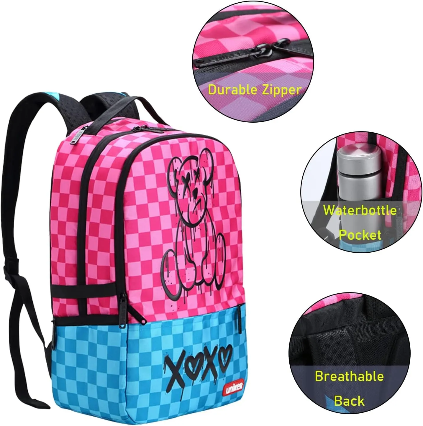 Fashion 2 in 1 Backpack Set with Cosmetic Bag,Casual Daypack Women,Backpack and Carry-on 2Pcs Set,Lightweight Travel Backpack,Laptop Backpack with with USB Port,Graphic Backpacks Checkerboard Pink
