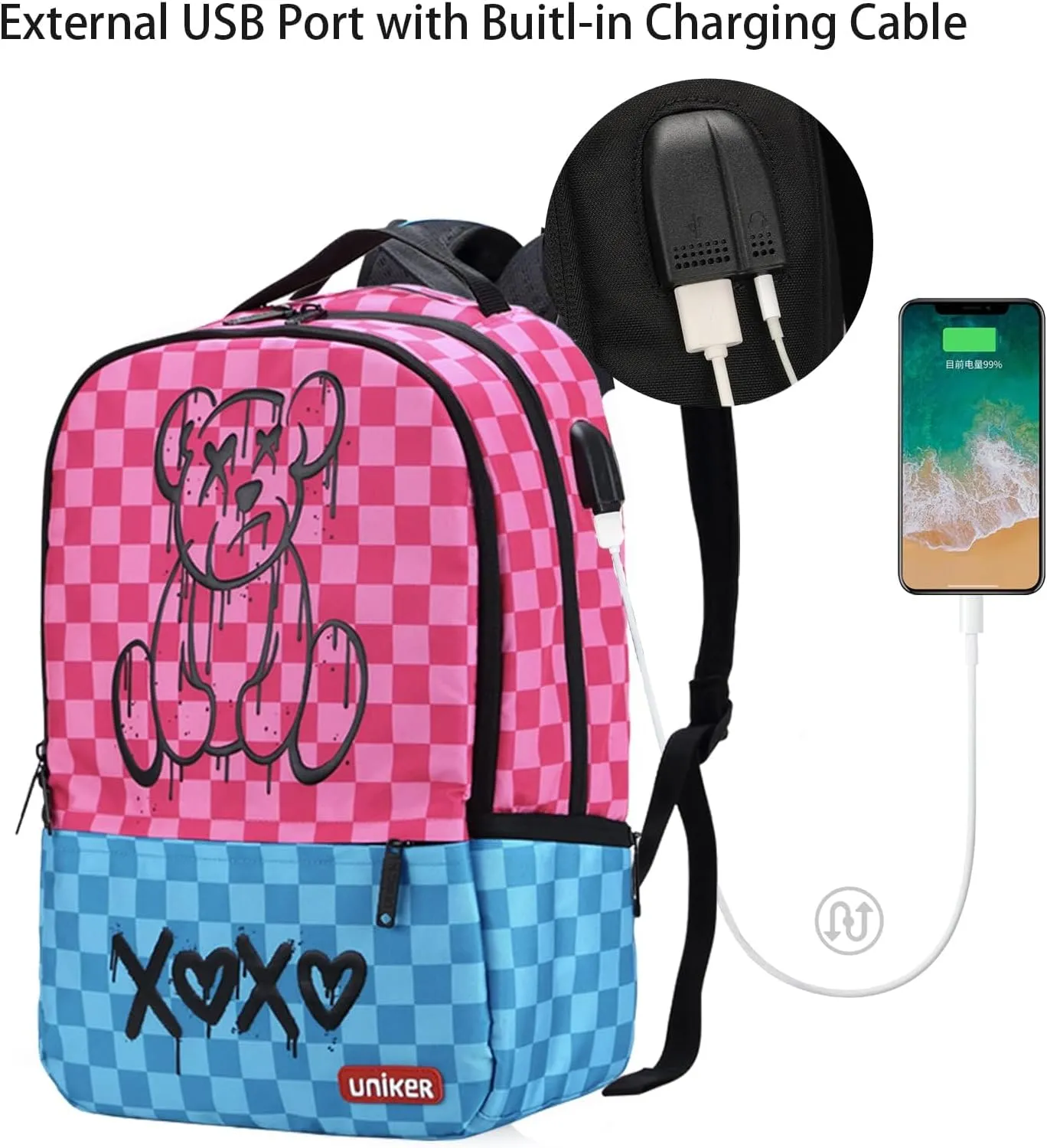 Fashion 2 in 1 Backpack Set with Cosmetic Bag,Casual Daypack Women,Backpack and Carry-on 2Pcs Set,Lightweight Travel Backpack,Laptop Backpack with with USB Port,Graphic Backpacks Checkerboard Pink