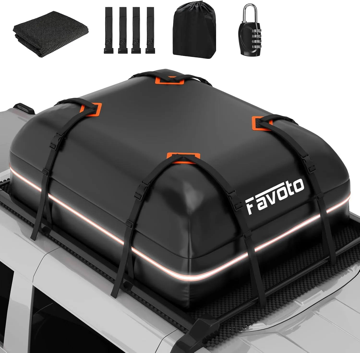 Favoto Car Roof Cargo Bag - 20 Cubic Feet Waterproof Carrier for Most Vehicles SUV/Sedan, 500D PVC Material with 8 Reinforced Straps & Anti-Slip Mat​, Black & Orange, Black Blue