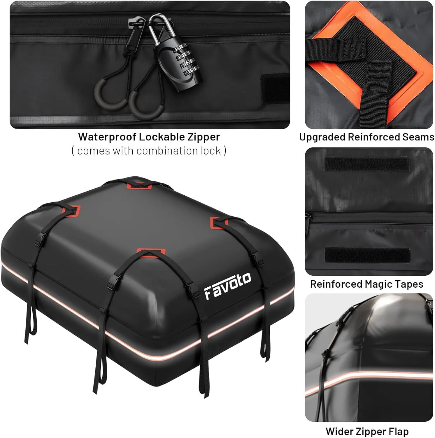 Favoto Car Roof Cargo Bag - 20 Cubic Feet Waterproof Carrier for Most Vehicles SUV/Sedan, 500D PVC Material with 8 Reinforced Straps & Anti-Slip Mat​, Black & Orange, Black Blue