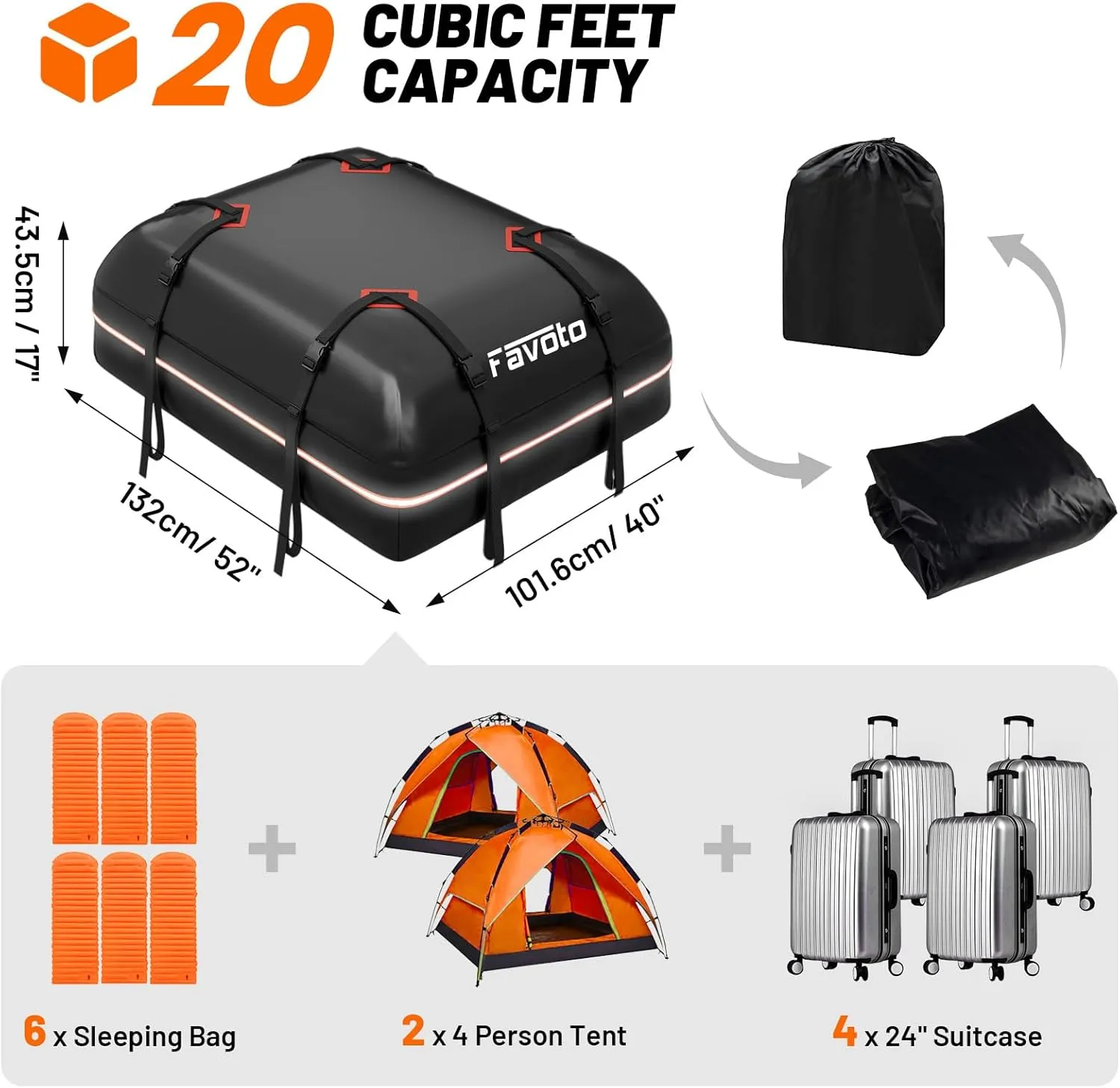 Favoto Car Roof Cargo Bag - 20 Cubic Feet Waterproof Carrier for Most Vehicles SUV/Sedan, 500D PVC Material with 8 Reinforced Straps & Anti-Slip Mat​, Black & Orange, Black Blue