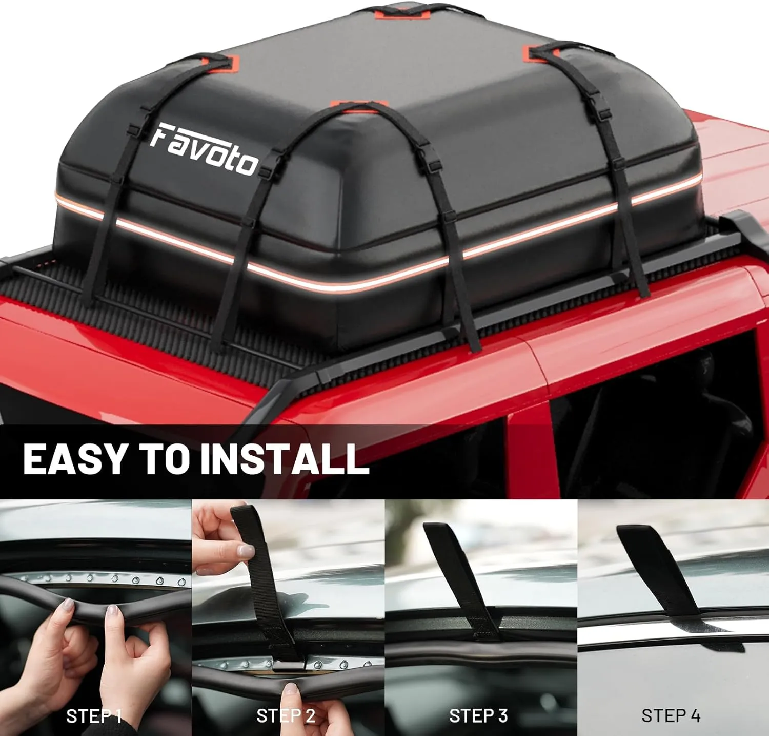 Favoto Car Roof Cargo Bag - 20 Cubic Feet Waterproof Carrier for Most Vehicles SUV/Sedan, 500D PVC Material with 8 Reinforced Straps & Anti-Slip Mat​, Black & Orange, Black Blue