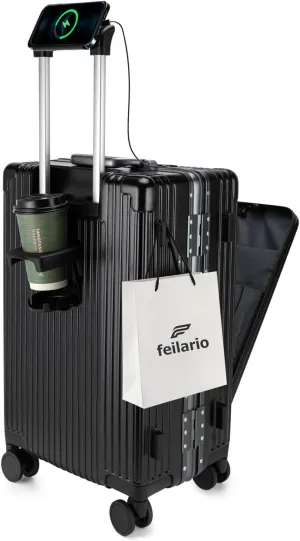 feilario 20in Aluminium Frame Hardside Spinner Wheel Luggage, Built-In TSA lock Carry on Suitcase, with Cup Holder & USB Port & Phone Holder