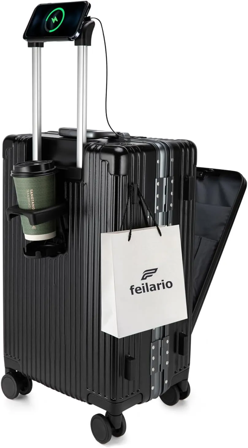 feilario 20in Aluminium Frame Hardside Spinner Wheel Luggage, Built-In TSA lock Carry on Suitcase, with Cup Holder & USB Port & Phone Holder