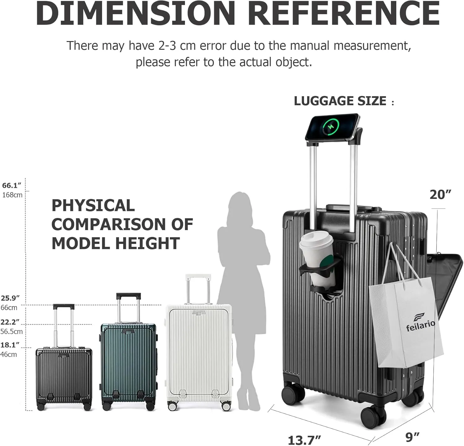 feilario 20in Aluminium Frame Hardside Spinner Wheel Luggage, Built-In TSA lock Carry on Suitcase, with Cup Holder & USB Port & Phone Holder