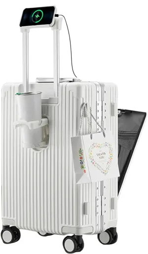 feilario 24in Aluminium Frame Hardside Spinner Wheel Luggage, Built-In TSA lock Carry on Suitcase, with Cup Holder & USB Port & Phone Holder