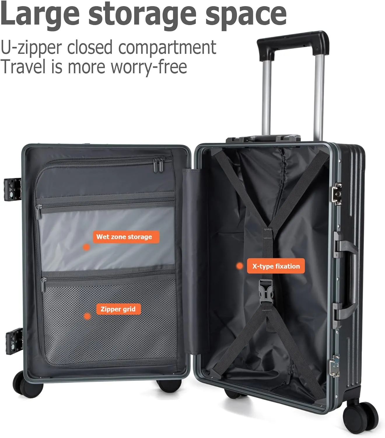 feilario 24in Aluminium Frame Hardside Spinner Wheel Luggage, Built-In TSA lock Carry on Suitcase, with Cup Holder & USB Port & Phone Holder