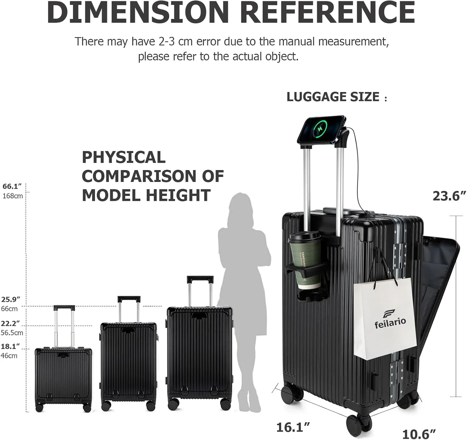 feilario 24in Aluminium Frame Hardside Spinner Wheel Luggage, Built-In TSA lock Carry on Suitcase, with Cup Holder & USB Port & Phone Holder