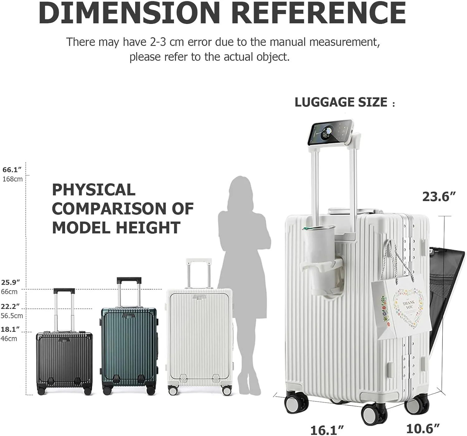 feilario 24in Aluminium Frame Hardside Spinner Wheel Luggage, Built-In TSA lock Carry on Suitcase, with Cup Holder & USB Port & Phone Holder