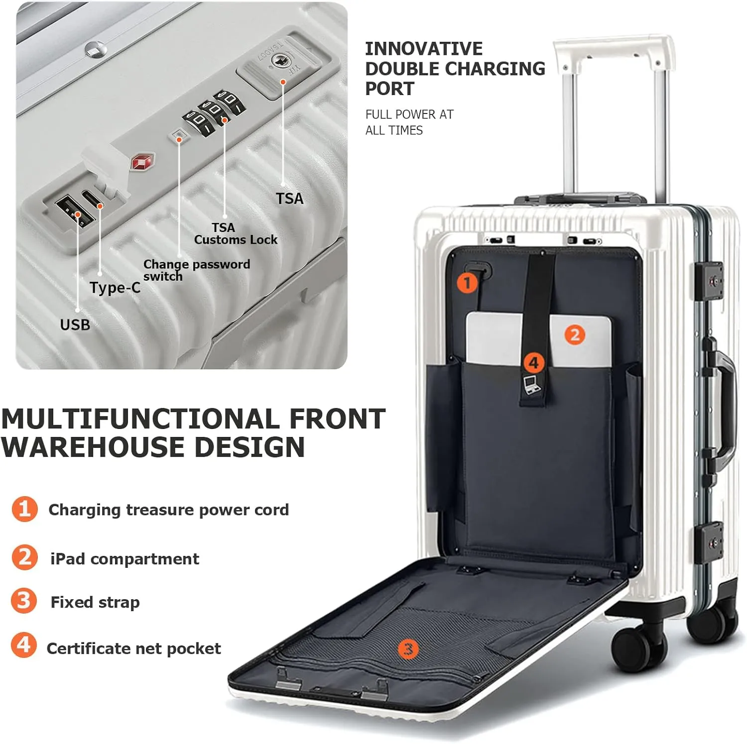 feilario 24in Aluminium Frame Hardside Spinner Wheel Luggage, Built-In TSA lock Carry on Suitcase, with Cup Holder & USB Port & Phone Holder