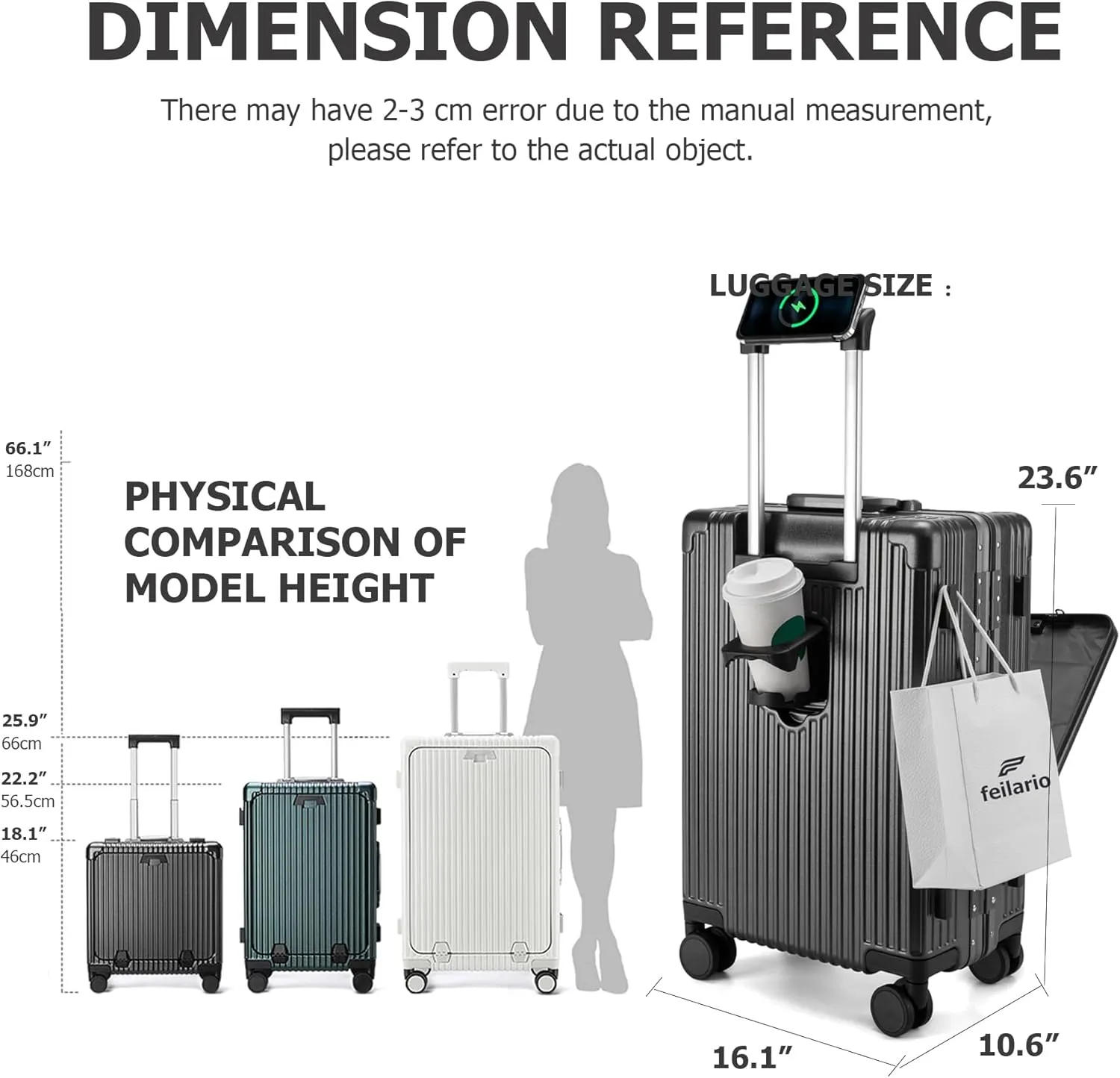 feilario 24in Aluminium Frame Hardside Spinner Wheel Luggage, Built-In TSA lock Carry on Suitcase, with Cup Holder & USB Port & Phone Holder