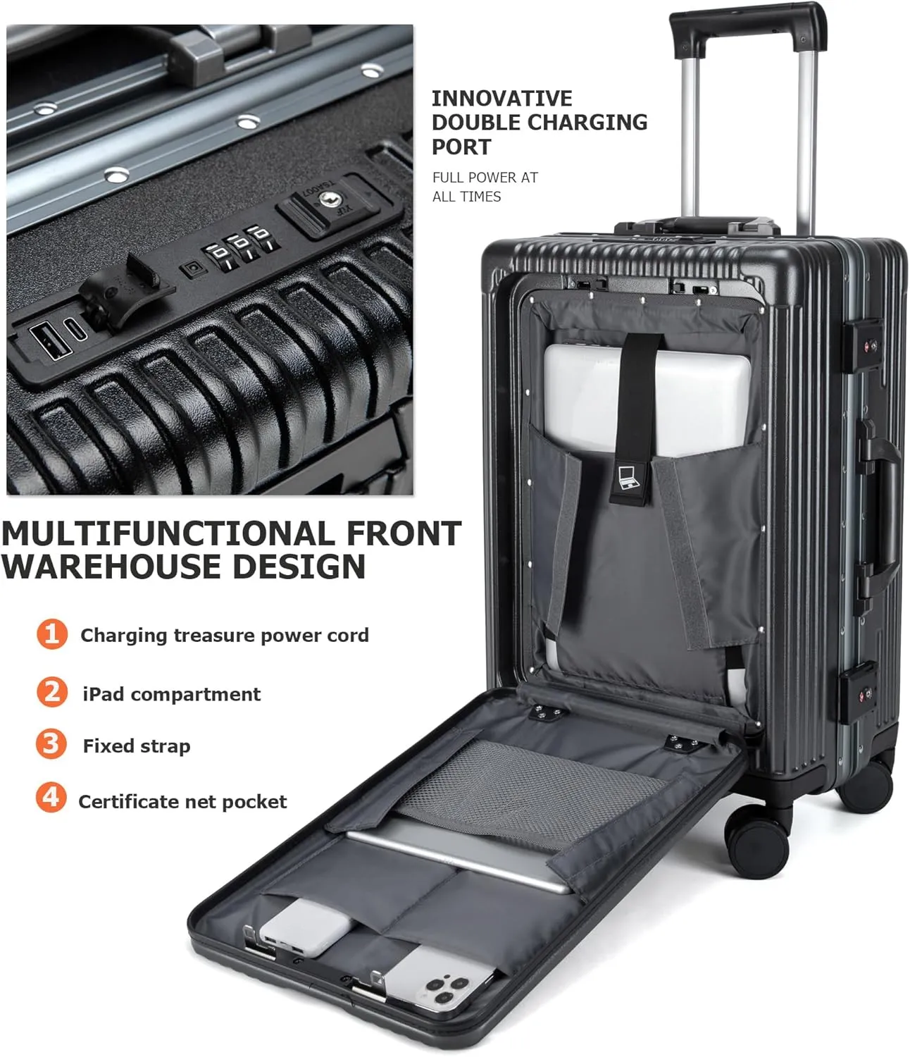 feilario 24in Aluminium Frame Hardside Spinner Wheel Luggage, Built-In TSA lock Carry on Suitcase, with Cup Holder & USB Port & Phone Holder