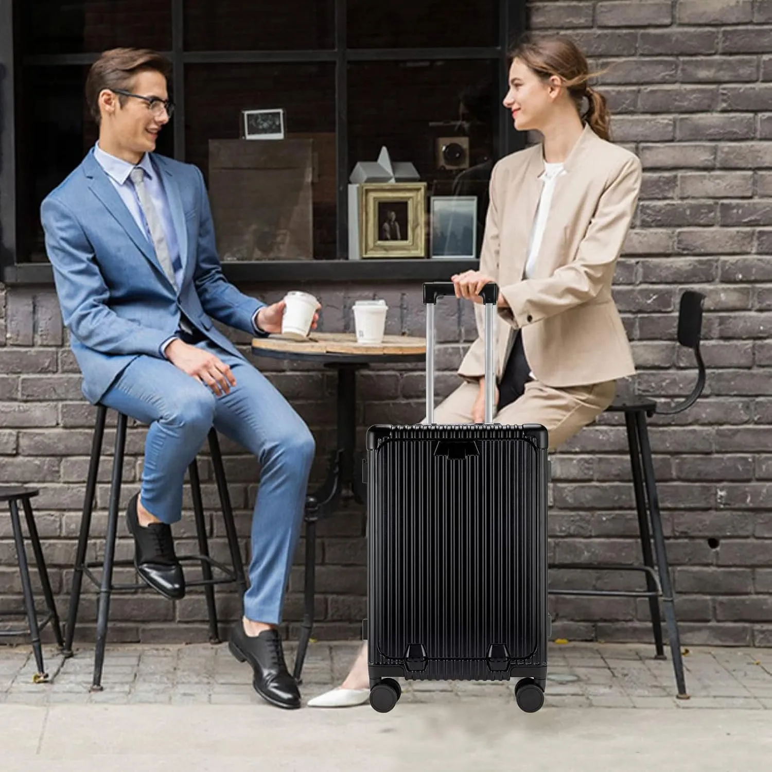 feilario 24in Aluminium Frame Hardside Spinner Wheel Luggage, Built-In TSA lock Carry on Suitcase, with Cup Holder & USB Port & Phone Holder