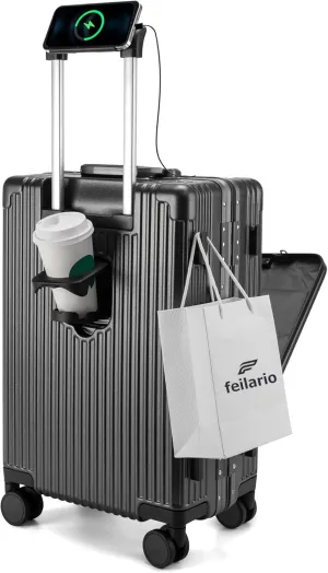 feilario 24in Aluminium Frame Hardside Spinner Wheel Luggage, Built-In TSA lock Carry on Suitcase, with Cup Holder & USB Port & Phone Holder