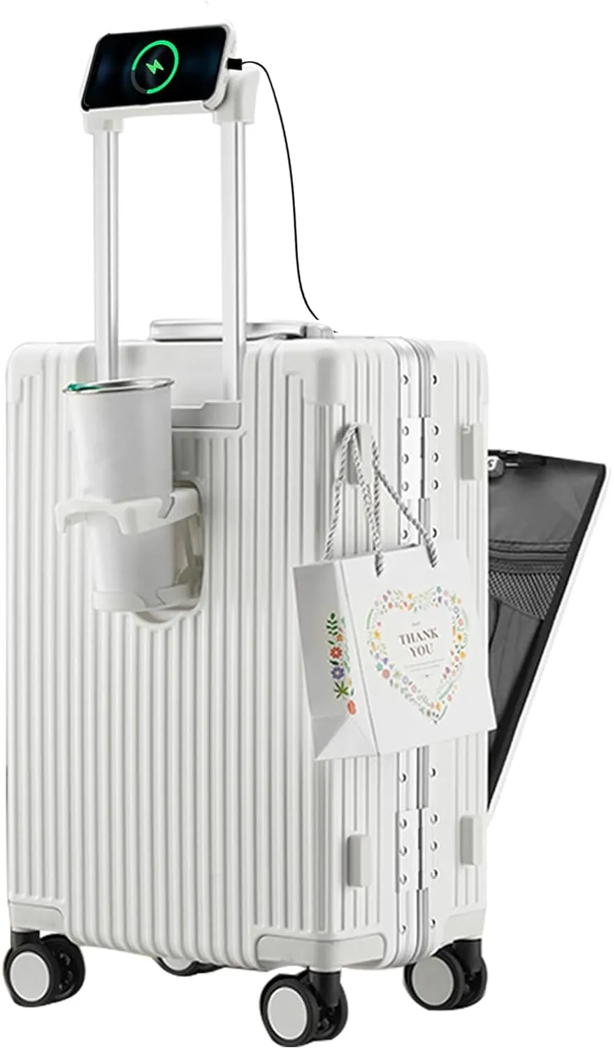feilario 24in Aluminium Frame Hardside Spinner Wheel Luggage, Built-In TSA lock Carry on Suitcase, with Cup Holder & USB Port & Phone Holder
