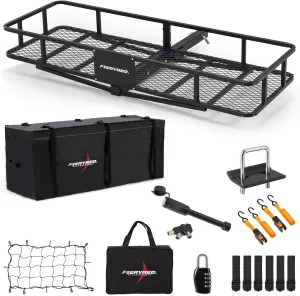 FIERYRED 60" x 20" x 7" Folding Hitch Cargo Carrier with Waterproof Cargo Bag, 500 LBS Capacity Hitch Mount Cargo Basket with Hitch Stabilizer, Net, Lock& Straps, Fit 2" Receiver for SUV, Truck, Car